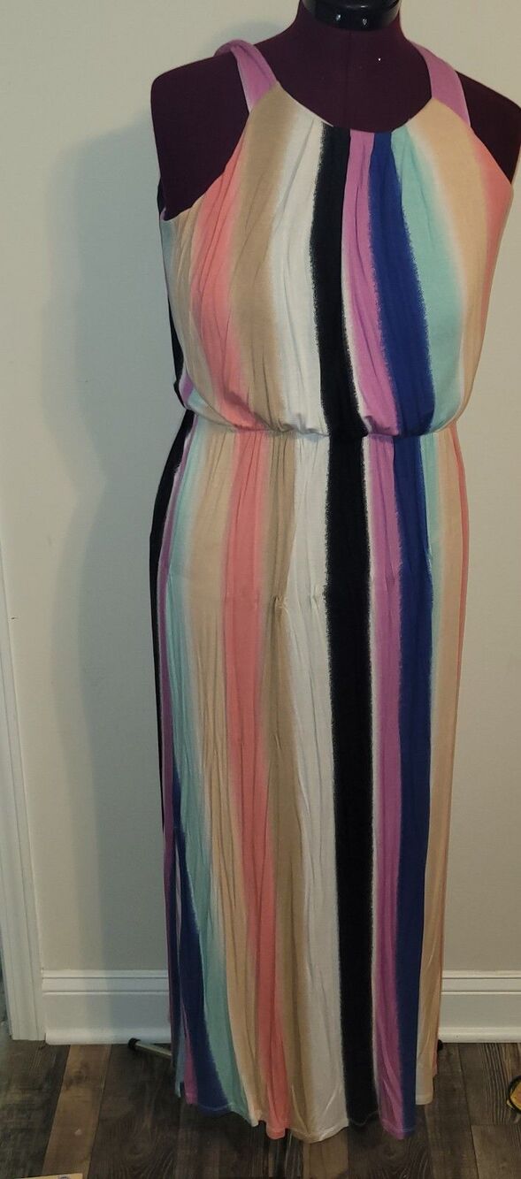 Design 365 Womens L Multicolor Striped Maxi Dress Sleeveless Keyhole Side Slits